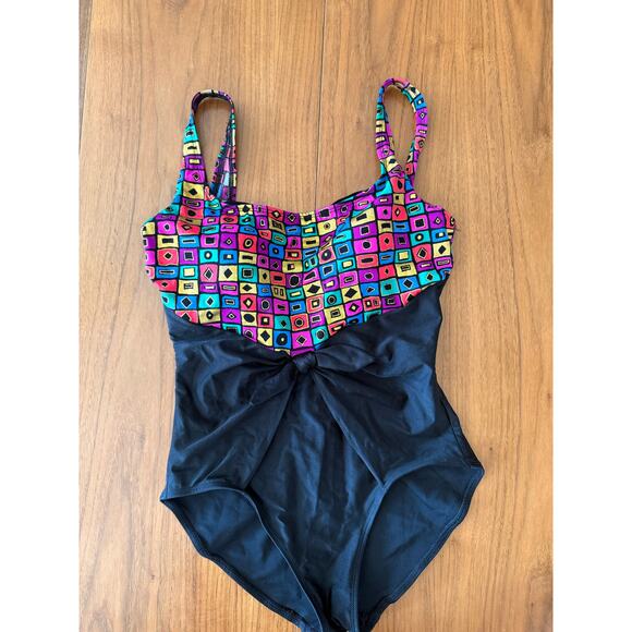 Vintage 80s Oscar de la Renta Swimsuit Size 16 Geometric Metallic Slimming - Picture 3 of 11